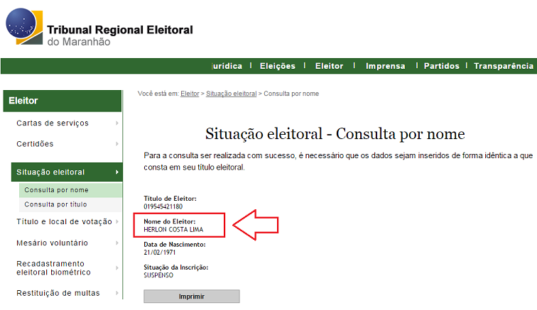 istema do TSE mostra suspensão do título eleitoral de Herlon