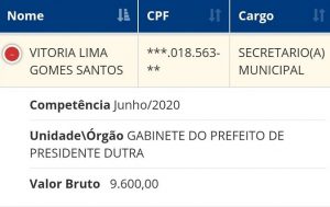 Salário e cargo que Vitória Lima ocupa na prefeitura de Presidente Dutra, durante a gestão Juran...