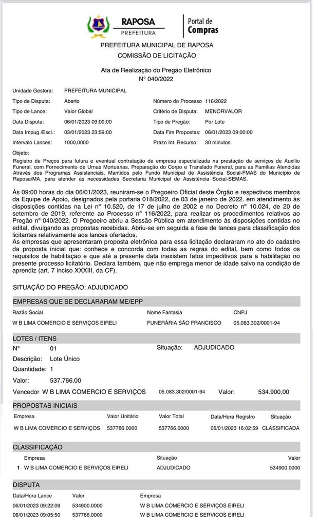 A Funerária São Francisco ganhou a licitação no último dia 06 de janeiro deste ano.