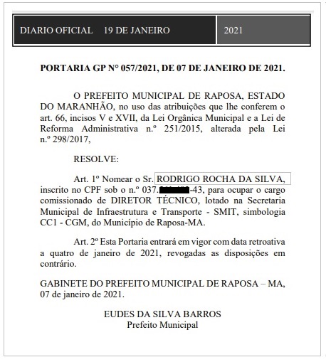 Documento comprova que Rodrigo Rocha da Silva é funcionário da prefeitura...