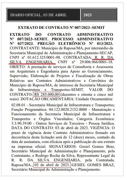 Empresa de R. R. da Silva pertence ao funcionário Rdrigo Rocha da Silva...