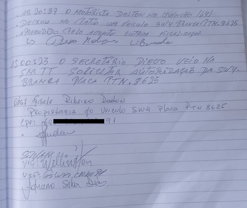 Livro de Ata da Portaria da SMTT, onde tudo é anotado pela vigilância...