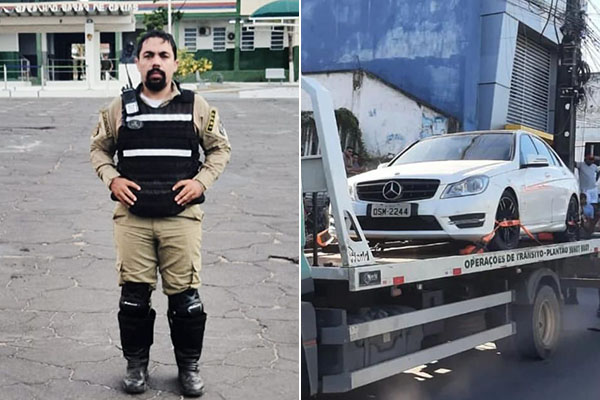 Agente de trânsito assassinado Wiryland de Oliveira e a Mercedez Bens C180 TURBO, placa OSM 2C44, já encima do guincho para ser rebocada...