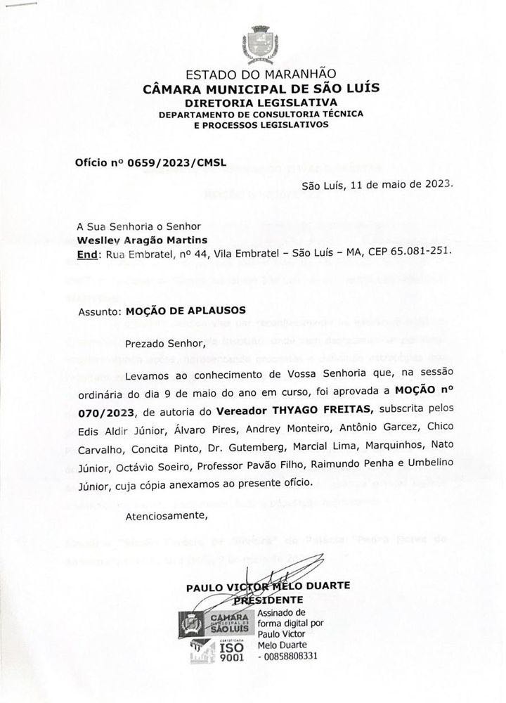 Câmara de São Luís emite Monção a Weslley Martins pela sua passagem na Gerência Executiva do INSS do MA