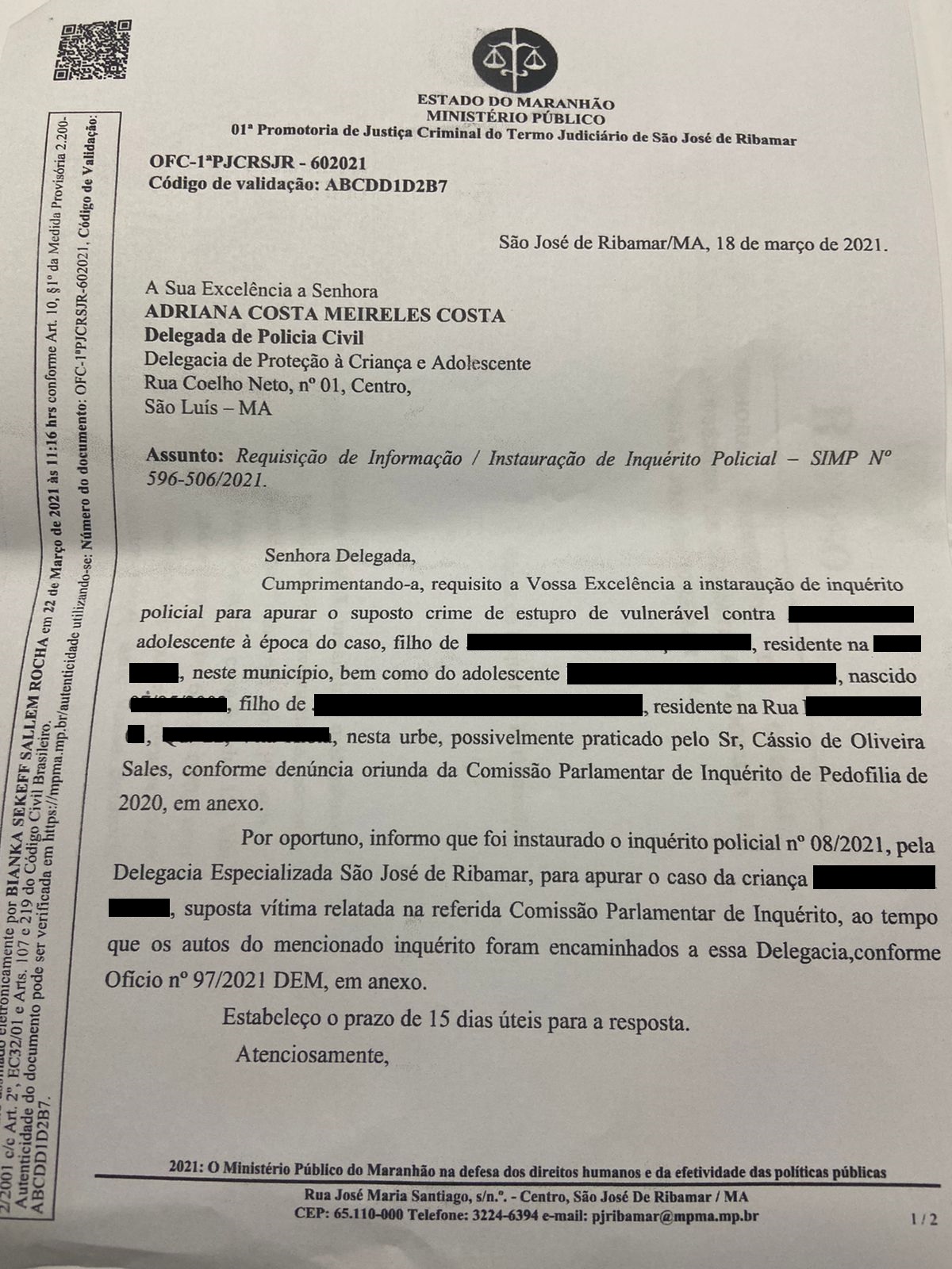 Documento do MP-MA revela investigação contra Cassio Sales, presidente do PSB em São José de Ribamar.