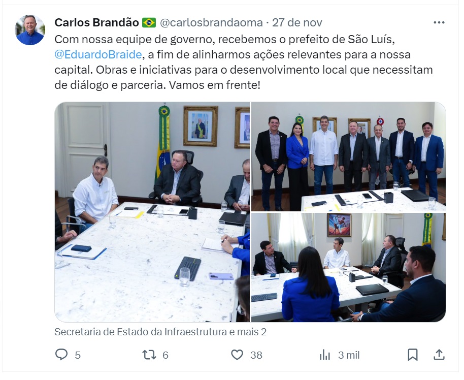 Ao contrário de Braide, o governador Brandão publicou em suas redes sociais o encontro logo após a reunião...