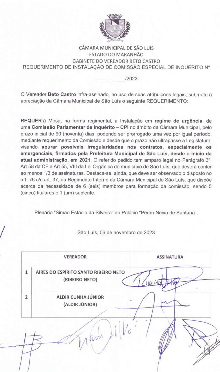 Requerimento de Instalação da CPI dos contratos fraudulentos da gestão Braide...