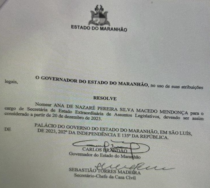 Nomeação já assinada pelo Governador...
