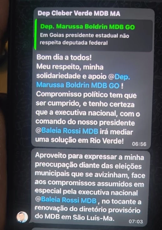 Em uma troca de mensagem em um grupo de WhatsApp, o deputado federal Cleber Verde revela sua fragilidade sobre o futuro do MDB em São Luís