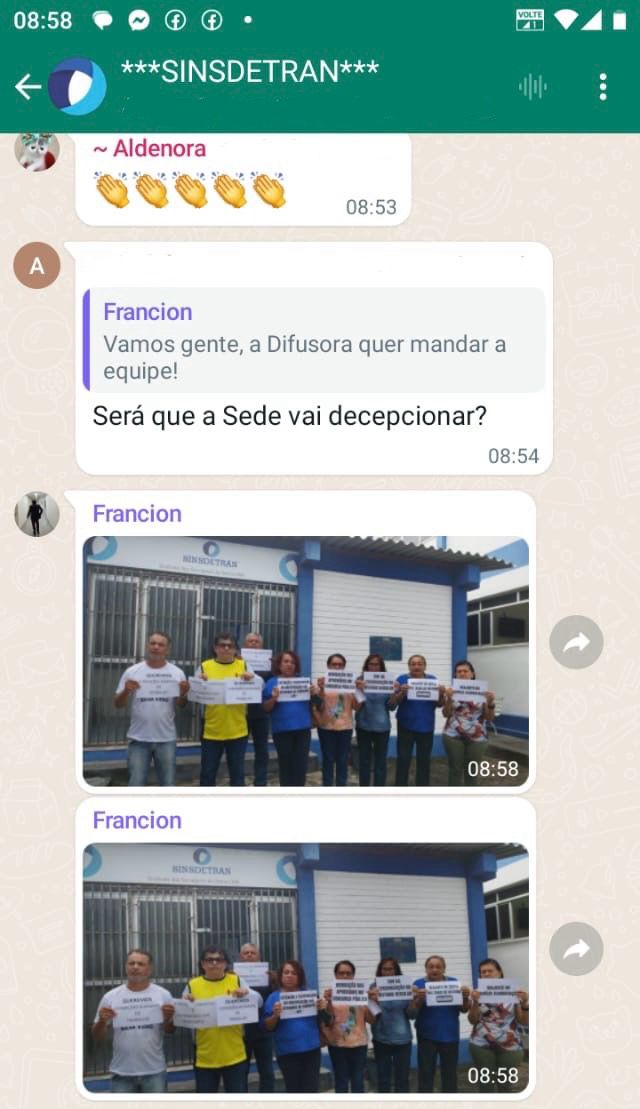 Print do presidente do Sinsdetran-MA sendo cobrado pela TV Difusora a fim de tumultuar as instalações do órgão. “Vamos gente, a Difusora quer mandar equipe”.