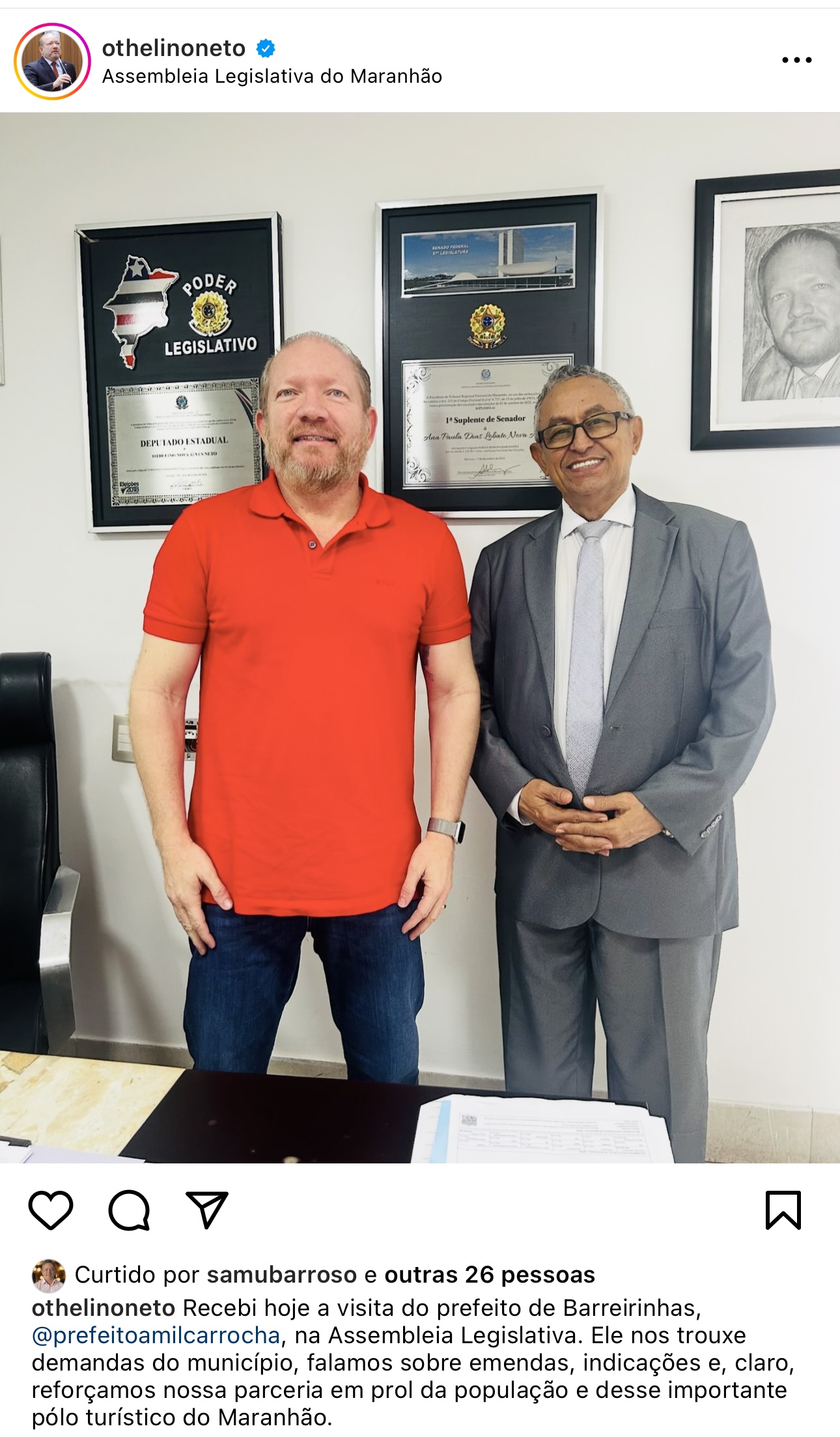 Othelino recebeu o prefeito Amílcar em seu gabinete e o assunto foi a possível desistência em favor de Léo Costa...