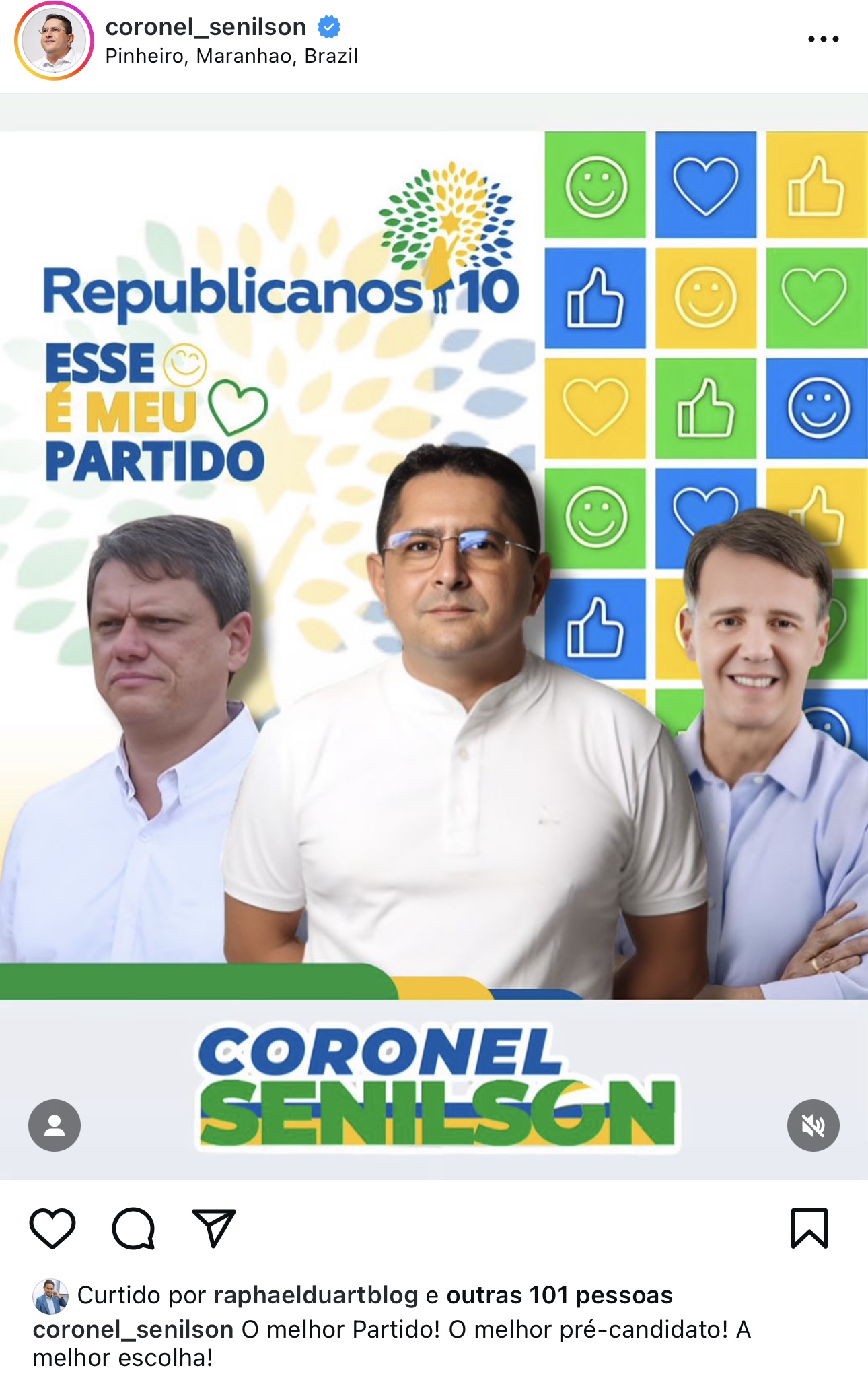 Coronel Senilson usa imagem do governador de São Paulo em campanha para Prefeitura de Pinheiro
