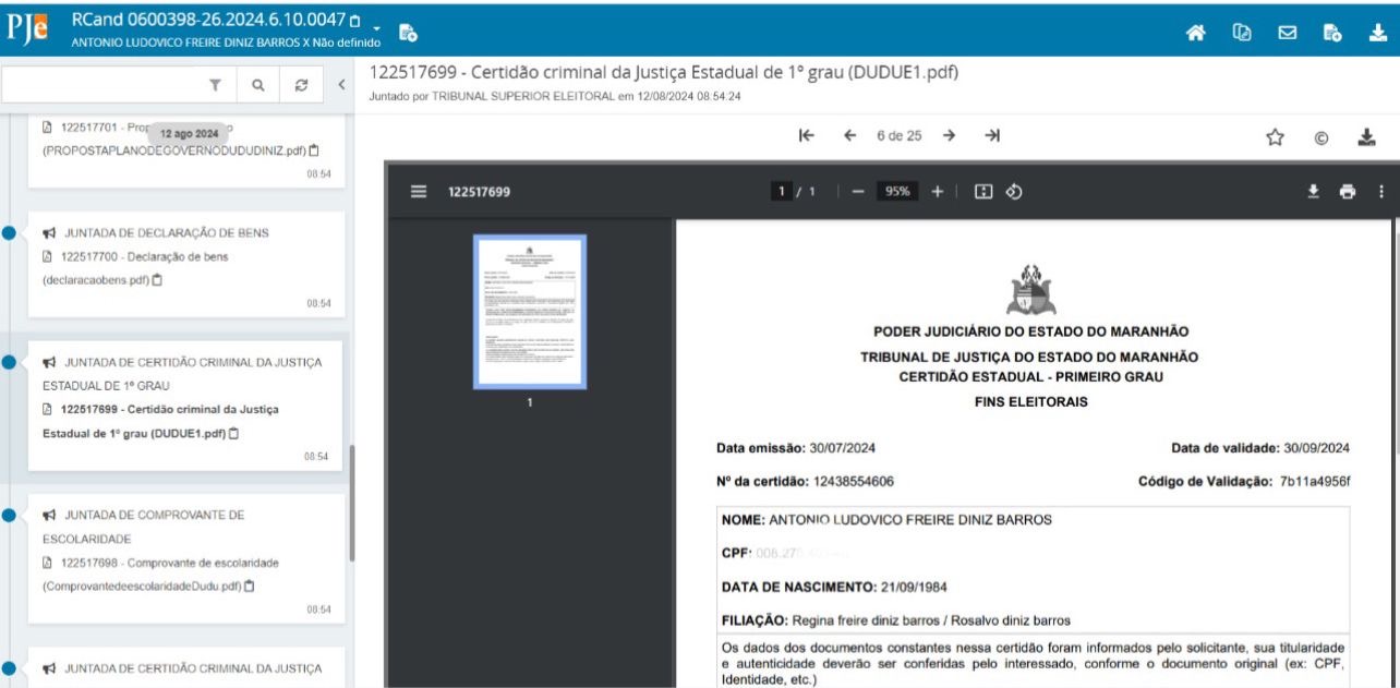 Certidão foi apresentada normalmente a Justiça Eleitoral e desmente fake news.