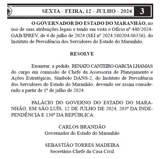Carlos Brandão reassumiu seu posto naquele mesmo dia 12/07/2024, quando já estava de volta ao Maranhão,