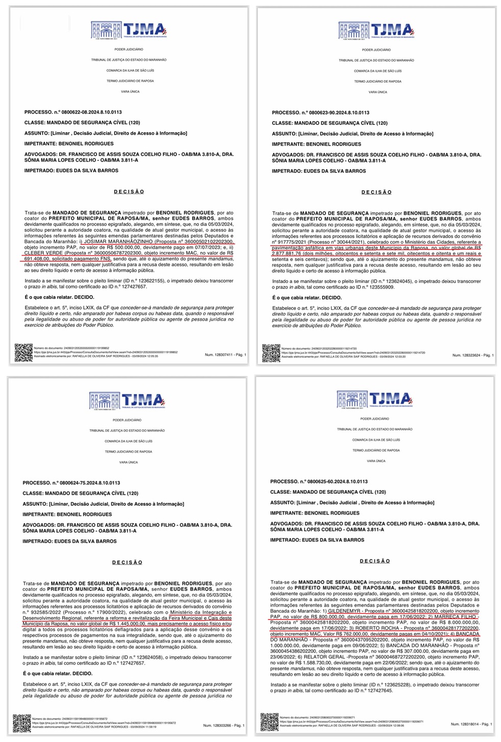Primeira folha de cada uma das quatro decisões...
