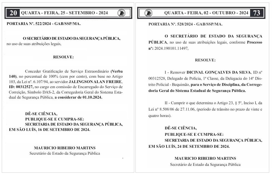 Aliados de Portela, Delegados Dicival Gonçalves e Jalingson Alan Freire ganharam promoção no governo Brandão.
