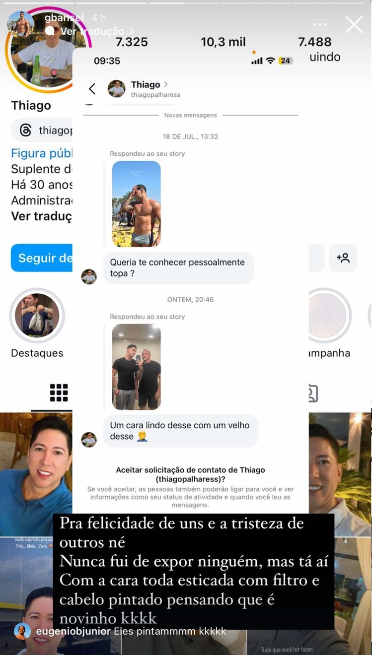 Thiago Palhares ganhou destaque de forma negativa nesta segunda-feira (22) ao ter um print publicado no story do perfil no Instagram do modelo carioca Gabriel Ansel.