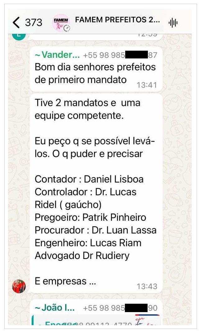 Mensagem da prefeita Vanderly Monteles em um grupo de prefeitos do Maranhão.