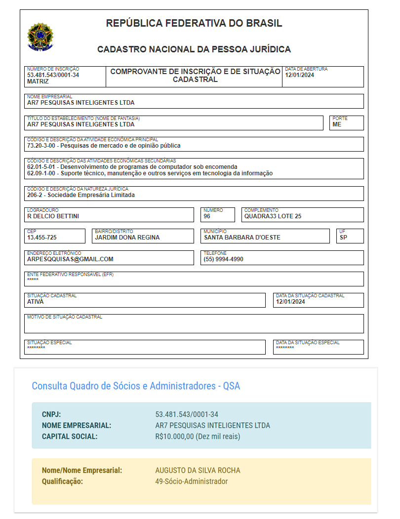 No CNPJ da "AR7 Pesquisa Inteligentes LTDA", mostra que a empresa foi criada no ano da eleição...