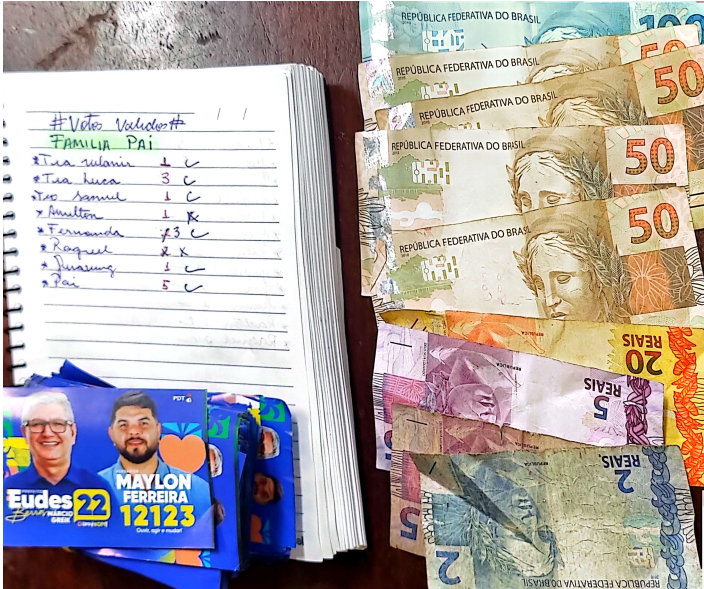 Na Polícia Federal foi apresentado o candidato a vereador Maylon, que foi preso com grande quantidade de material de campanha, dinheiro em espécie um caderno de anotações com detalhamento de compra de votos.