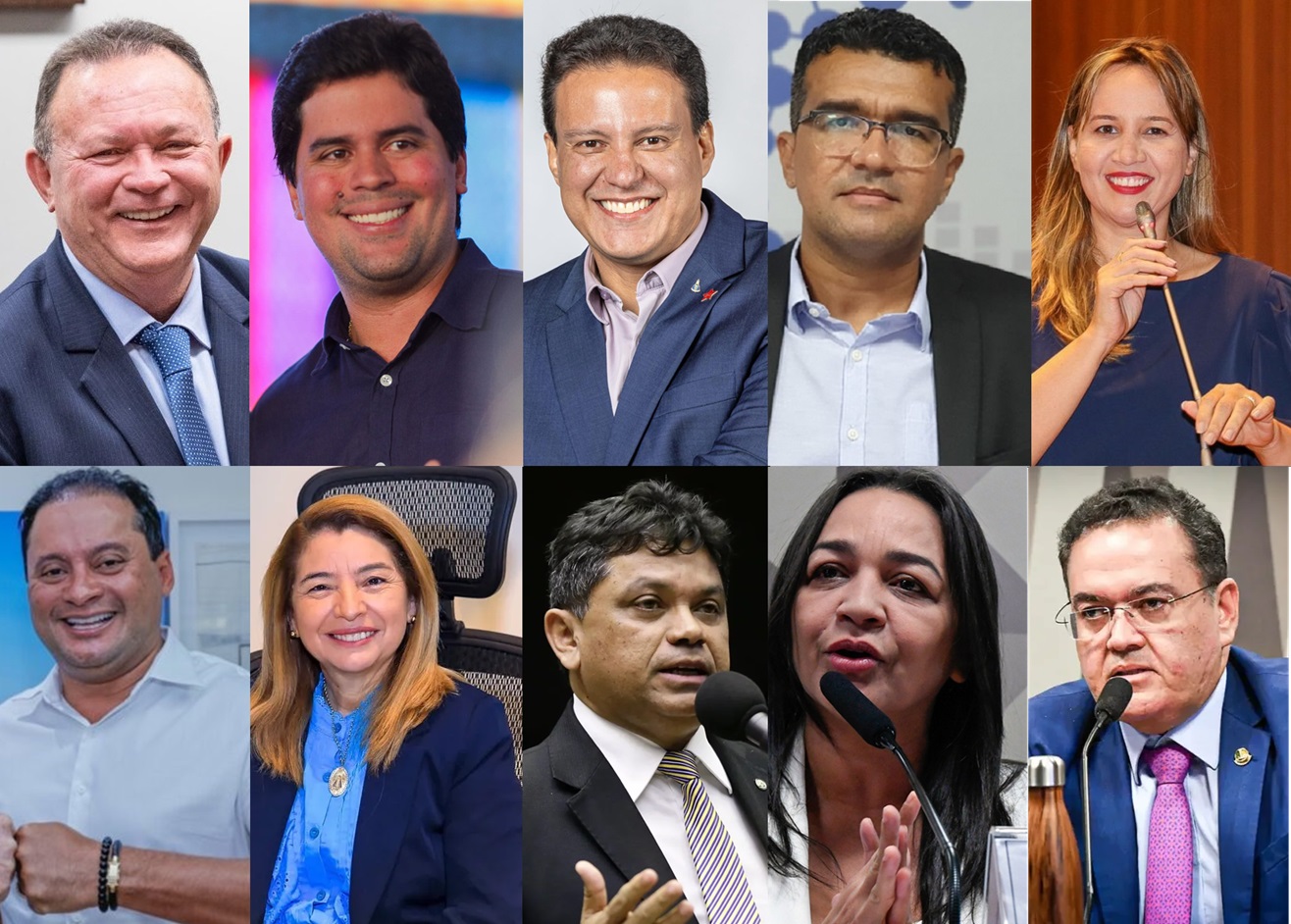 Nomes que poderão disputar cadeira no Senado em 2026: Carlos Brandão, André Fufuca, Felipe Camarão, Lahesio Bonfim, Detinha, Weverton Rocha, Iracema Vale, Marcio Jerry, Eliziane Gama e Roberto Rocha.