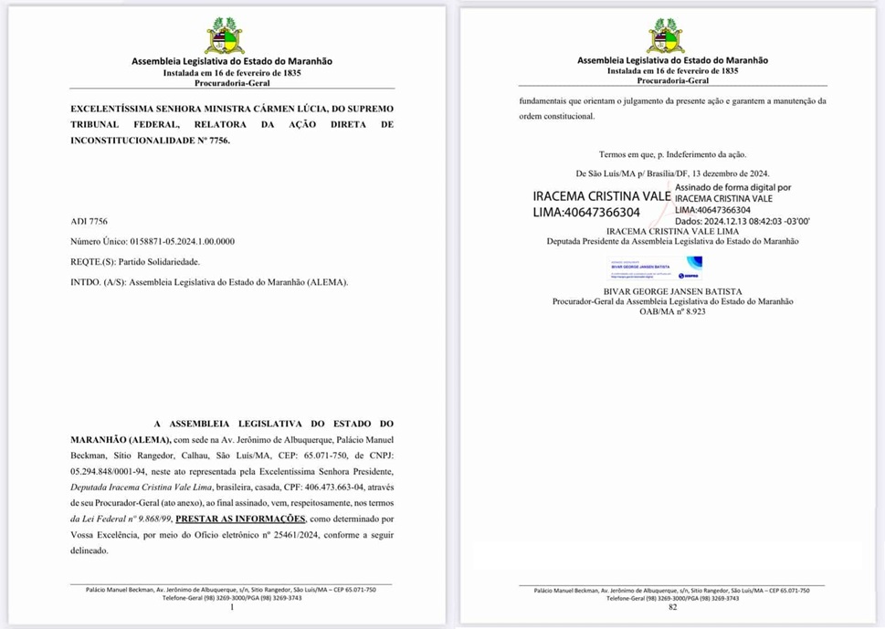 Trecho da resposta da ALEMA ao STF.