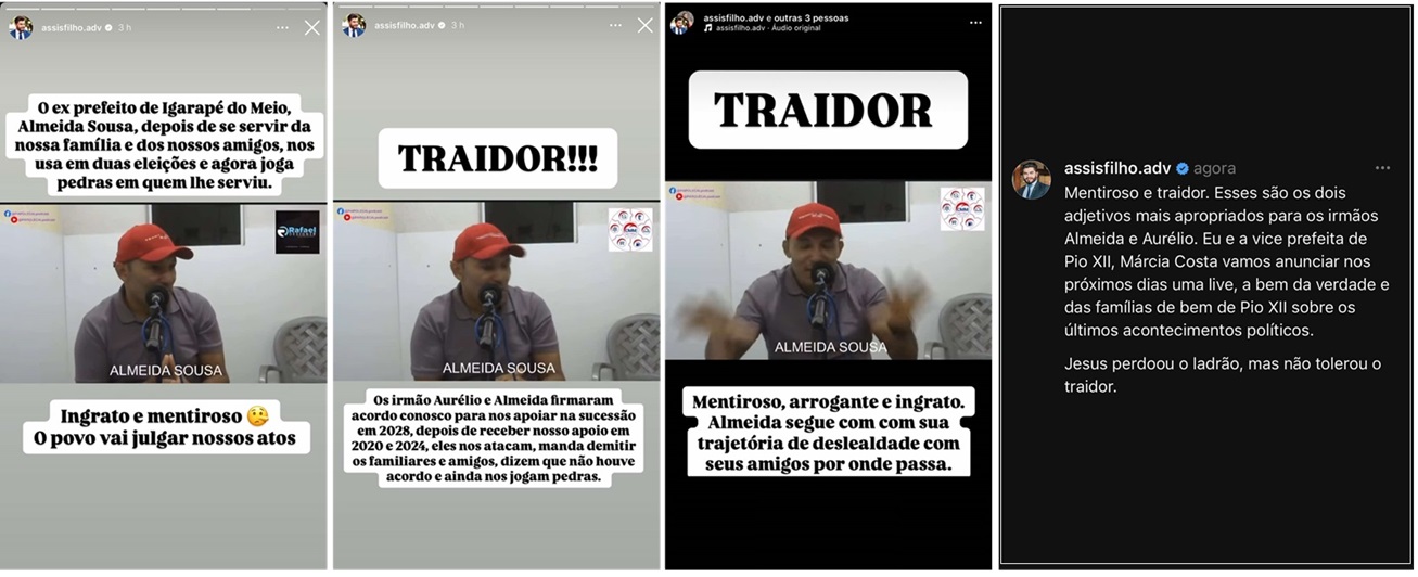 Assis Filho fez várias publicações em sua conta no Instagram contra os irmãos Almeida e Aurélio da Farmácia.