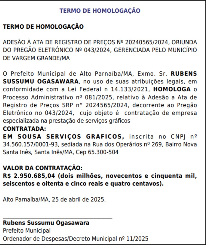 Serviços gráficos custarão quase R$ 3 milhões aos cofres de Alto Parnaíba