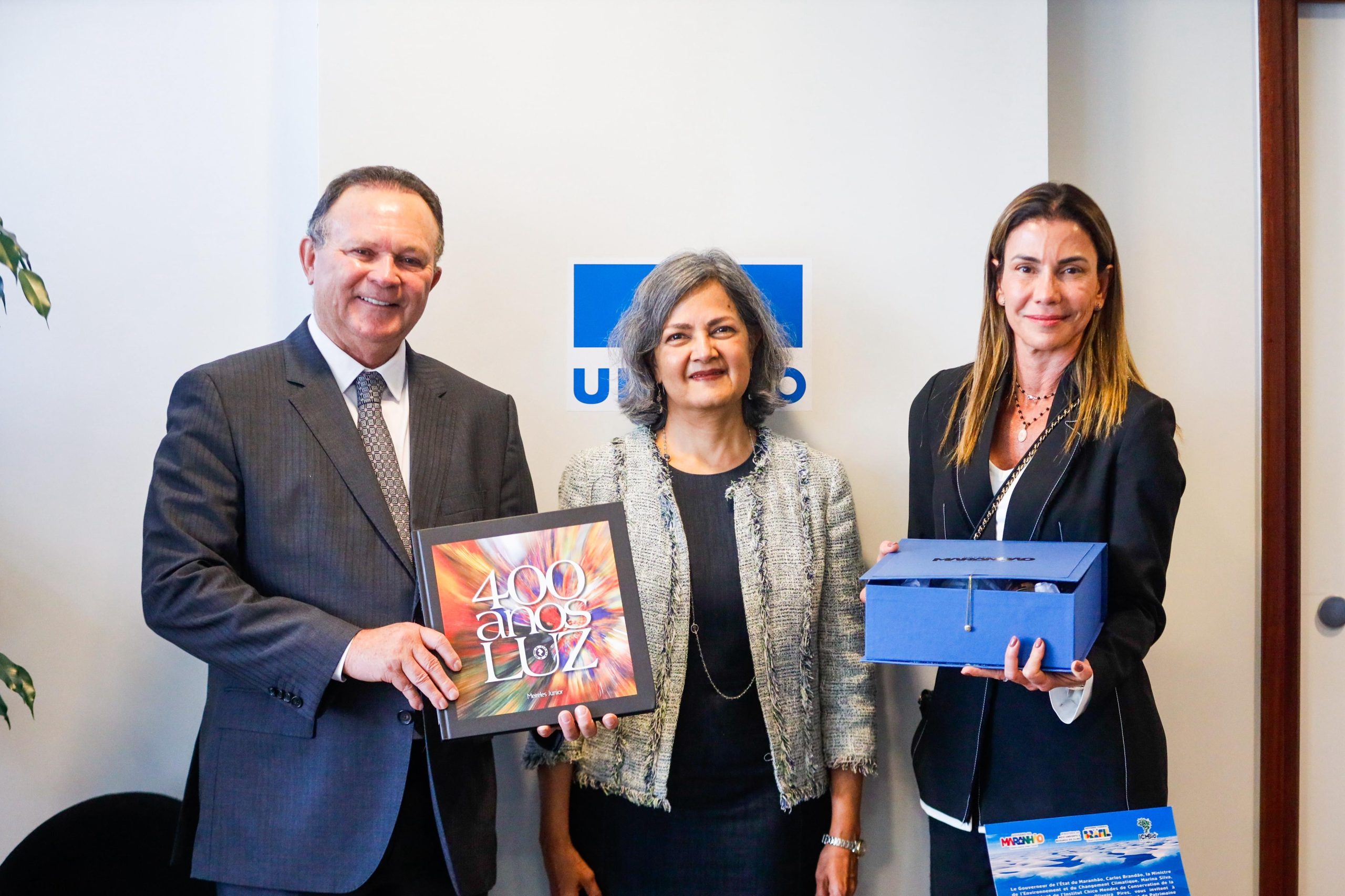 primeira-dama, Larissa Brandão, e o secretário de Estado da Comunicação Social do Maranhão, Sérgio Macedo - foram recebidos pela Diretora Adjunta do Centro do Patrimônio da Unesco, Jyoti Hosagrahar