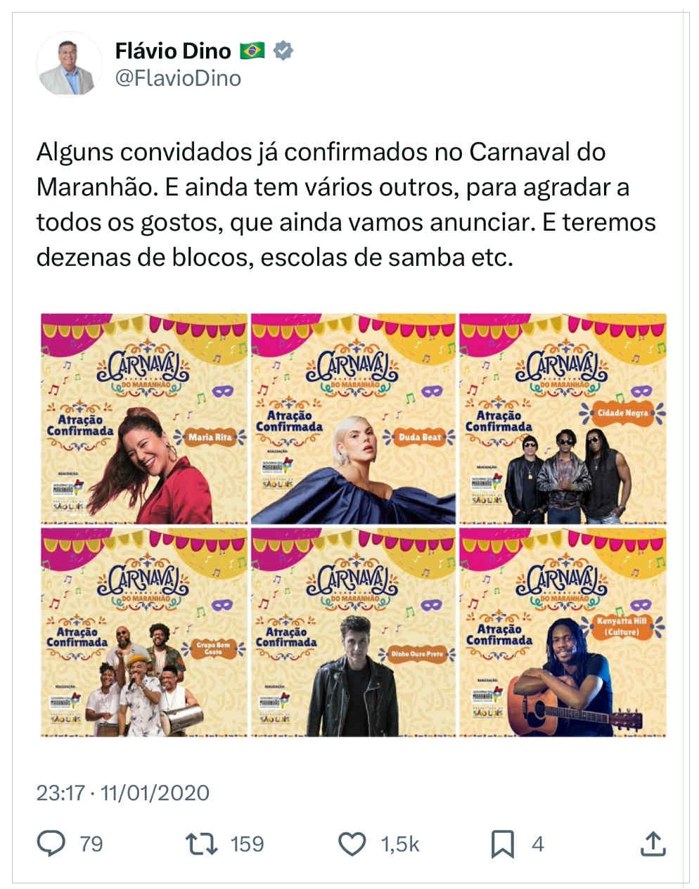 O então Governador Flávio Dino, aliado de Rodrigo Lago, contratou inúmeras vezes artistas nacionais para eventos do Governo estadual.